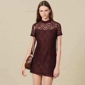 SANDRO Paris Bordaux Floral Lace Mini Shift Dress Short Sleeve - Burgundy, 36
